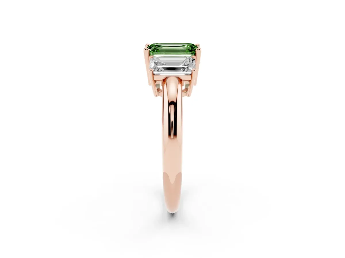 Fancy Green Three-Stone Emerald Cut Cut Diamond Engagement Ring with Prong Setting on a White Gold Band Rose gold