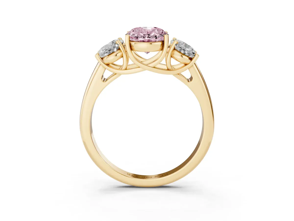 Fancy Pink Three-Stone Oval Cut Diamond Engagement Ring with Prong Setting Yellow gold