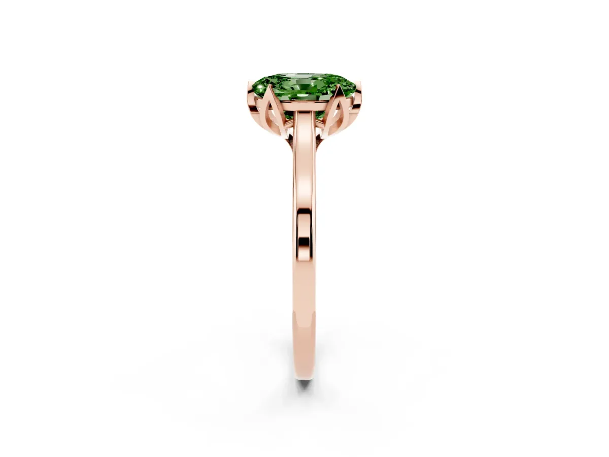 Fancy Green Oval Cut Diamond Solitaire Ring with Flower Prong Setting and Classic Band Rose gold
