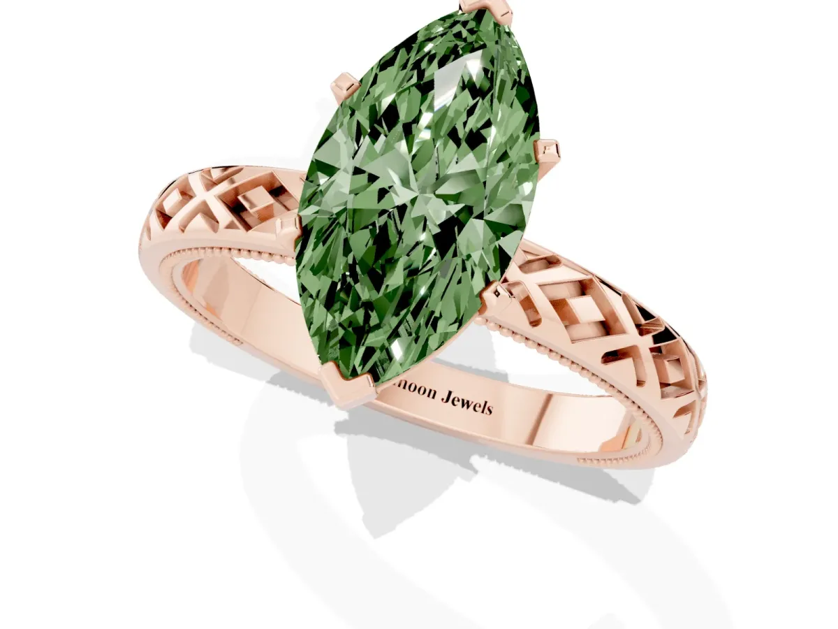 Fancy Green Marquise Cut Solitaire Diamond Ring with Milgrain and Black Enamel X Pattern Band Rose gold