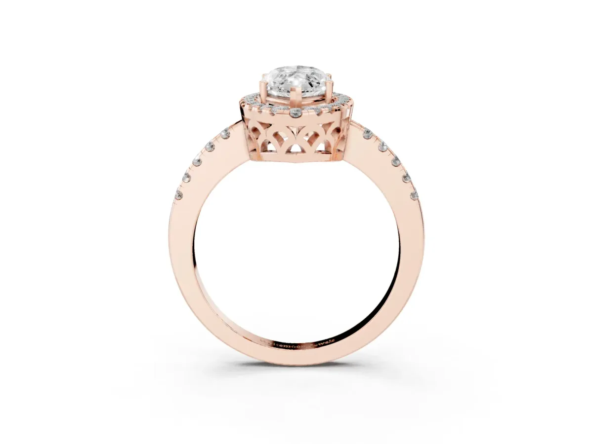 Marquise Cut Halo Diamond Engagement Ring with Pavé Band and Four-Prong Setting Rose gold