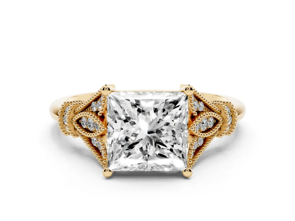 Princess Cut Diamond Solitaire Ring with Floral Filigree and Pave Accents Yellow gold