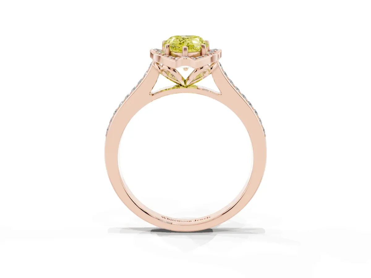 Fancy Yellow Pear Cut Halo Round Diamond Pave Band with Four-Prong Setting Rose gold