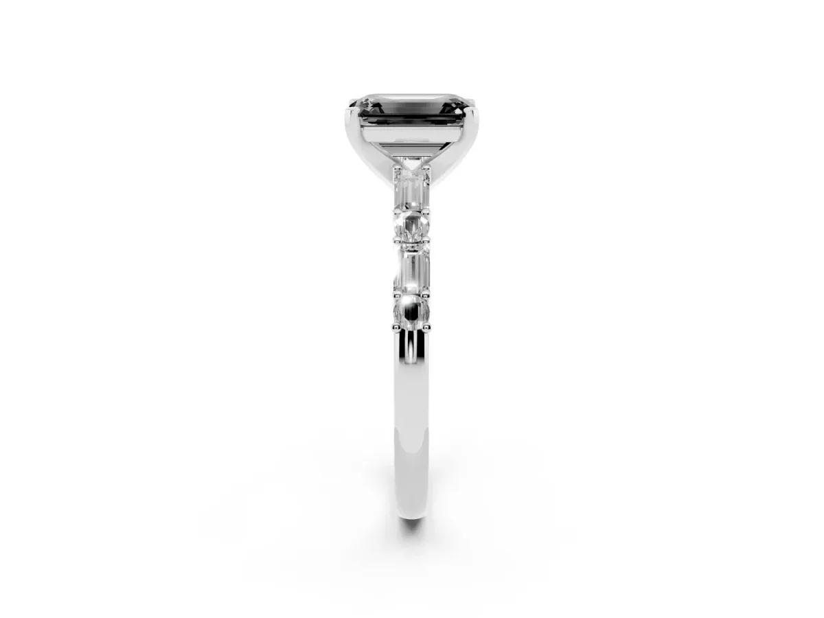 Fancy Black Emerald Cut Diamond Solitaire with Side Baguettes and Channel Set Band Silver