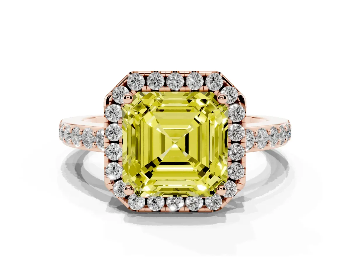 Fancy Yellow Asscher Cut Halo Diamond Pavé Band Ring with Prong Setting Rose gold