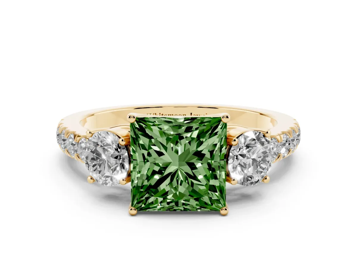 Fancy Green Princess Cut Cut Diamond Three-Stone Ring with Round Side Stones and Pavé Band Yellow gold