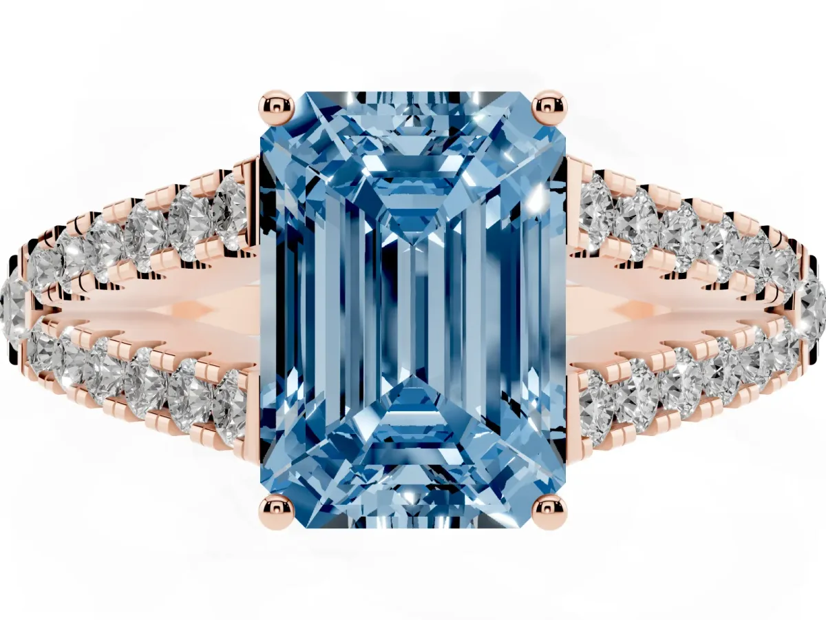 Fancy Blue Emerald Cut Diamond Split Shank Engagement Ring with Round Pavé and Prong Setting Rose gold