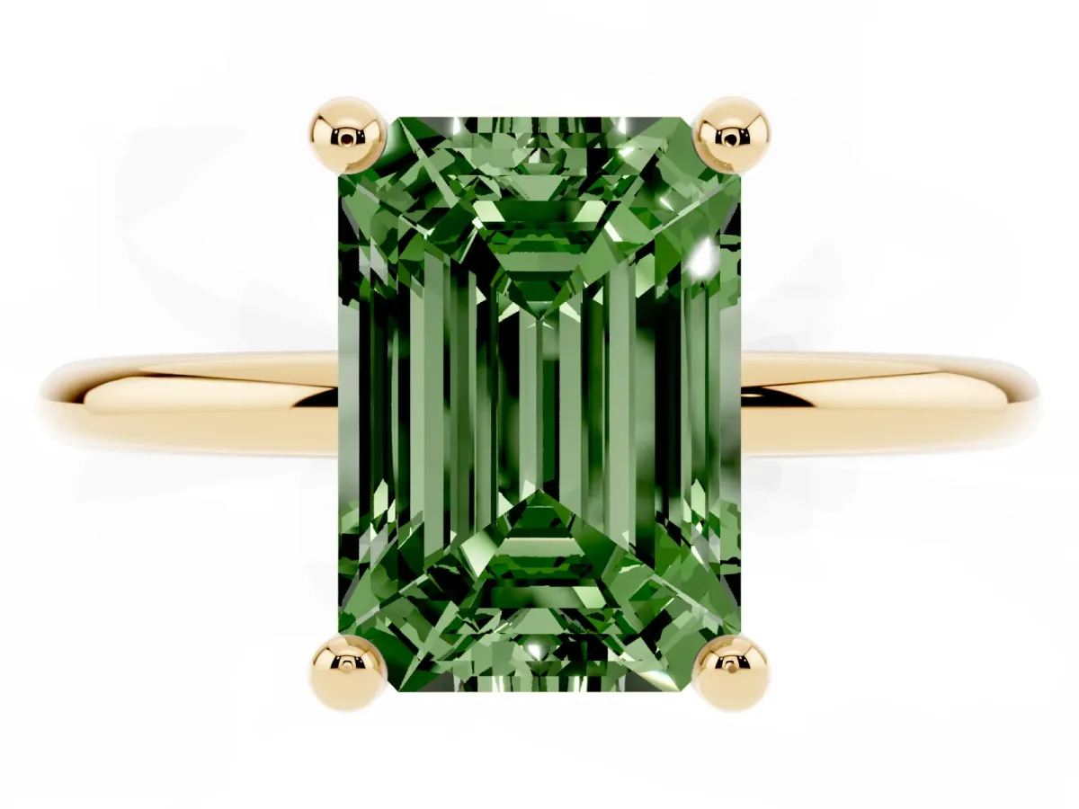 Fancy Green Emerald Cut Solitaire Diamond Ring with 4-Prong Setting on a Classic Band Yellow gold