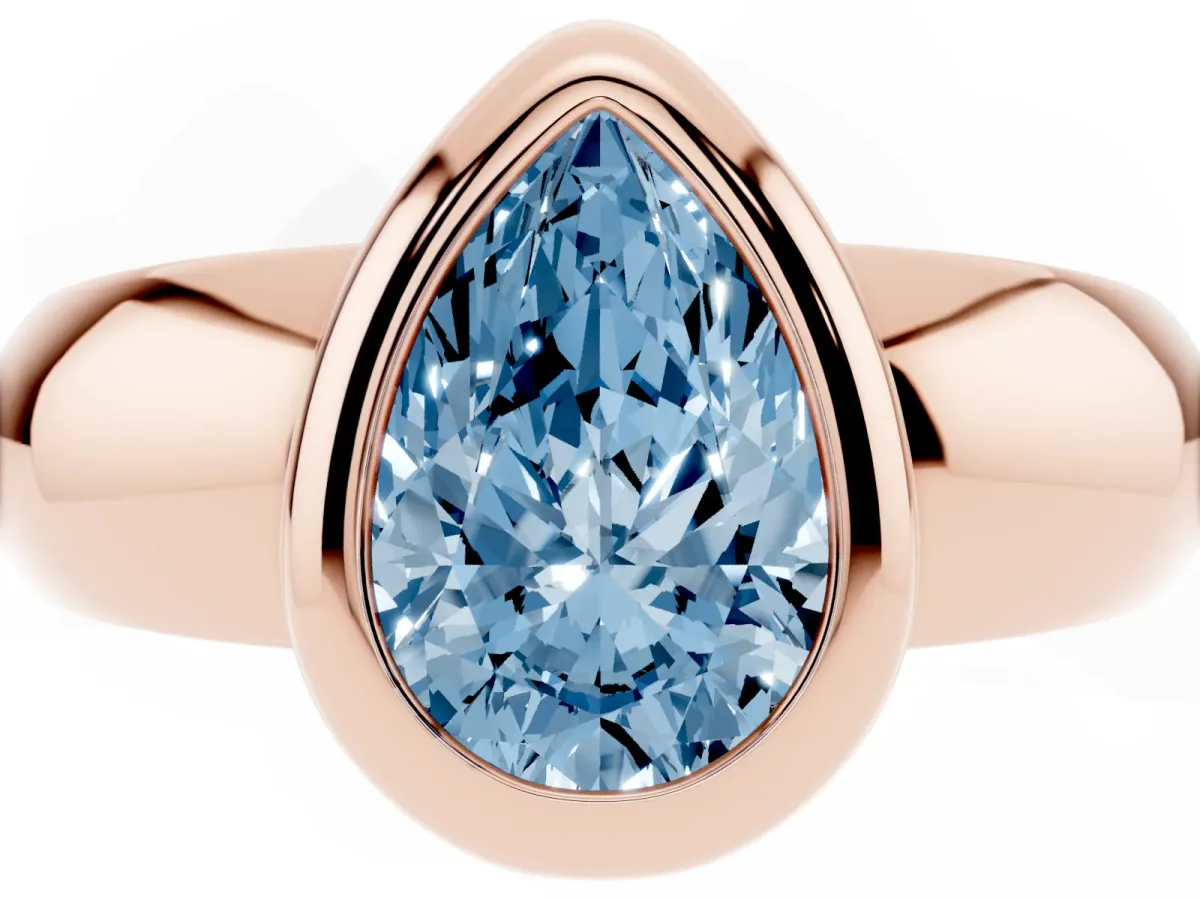 Fancy Blue Bezel Set Pear Cut Solitaire Ring with Wide Band Rose gold