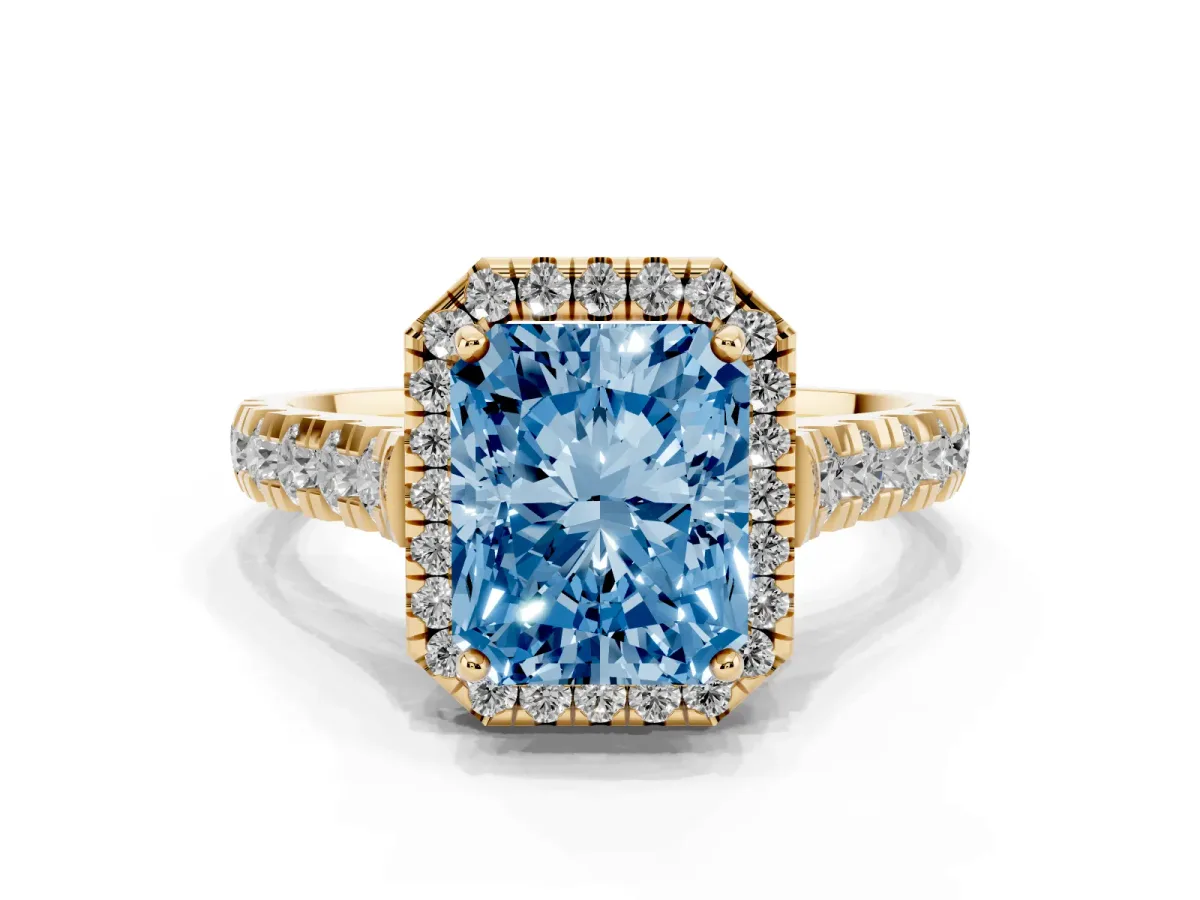 Fancy Blue Radiant Cut Halo Pavé Diamond Engagement Ring with Four-Prong Setting Yellow gold