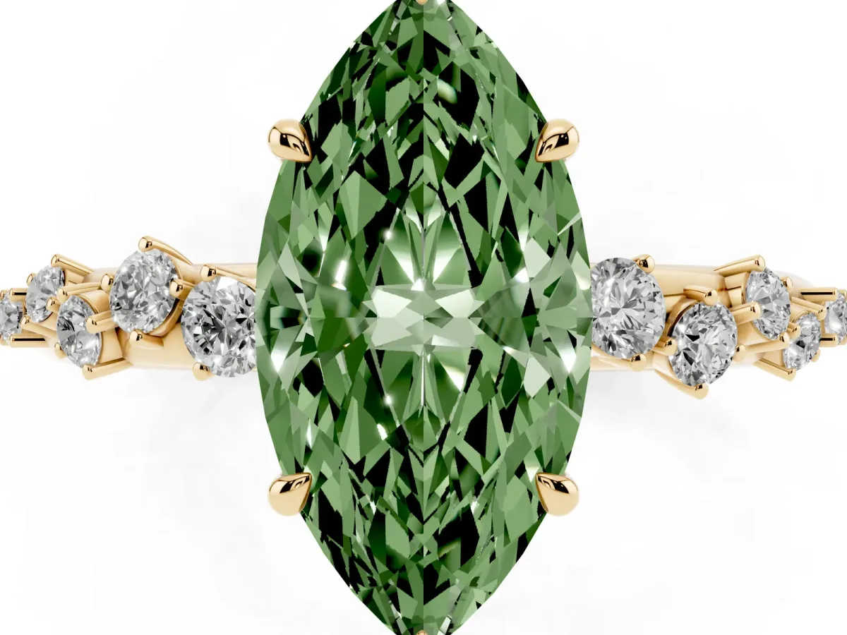Fancy Green Marquise Cut Diamond Cluster Prong-Set Solitaire Ring Yellow gold