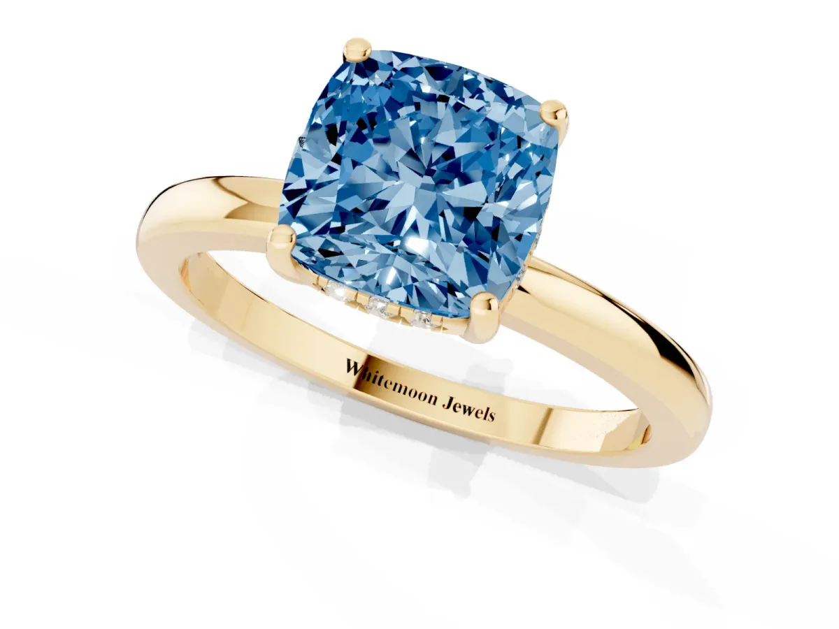 Fancy Blue Cushion Cut Solitaire Diamond Ring with Prong Setting and Plain Band Yellow gold