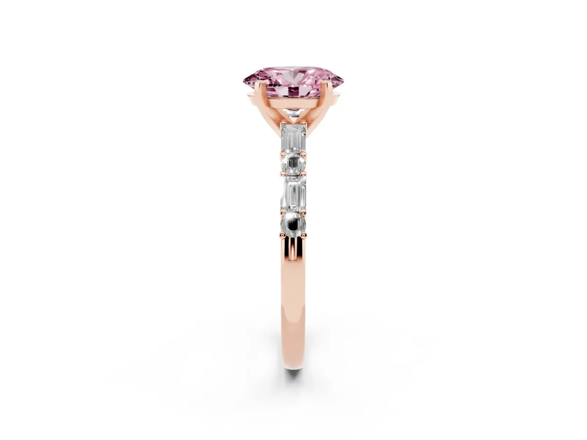 Fancy Pink Oval Cut Diamond Solitaire with Side Baguettes and Channel Set Band Rose gold