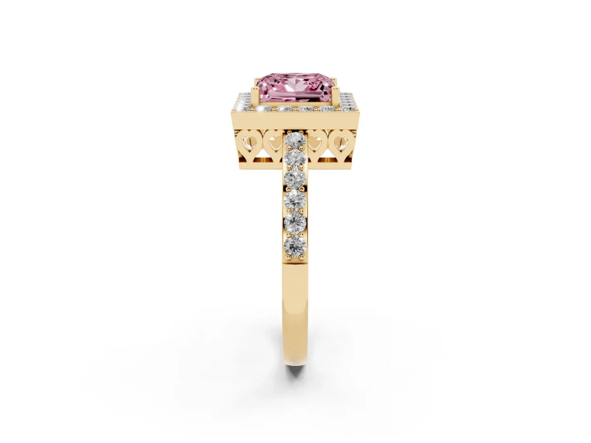 Fancy Pink Princess Cut Halo Diamond Pavé Band Ring with Prong Setting Yellow gold