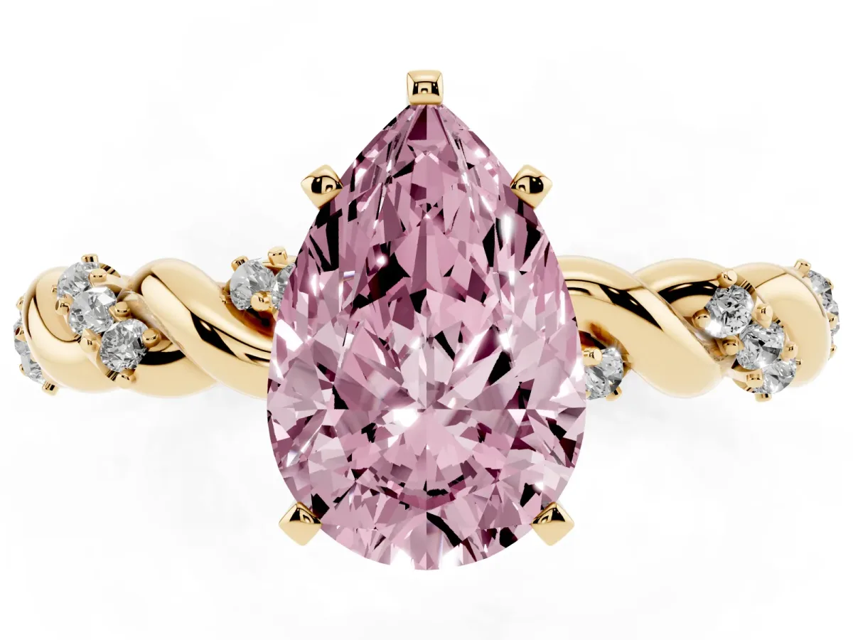 Fancy Pink Pear Cut Diamond Solitaire Ring with Twisted Band and Pavé Accents Yellow gold