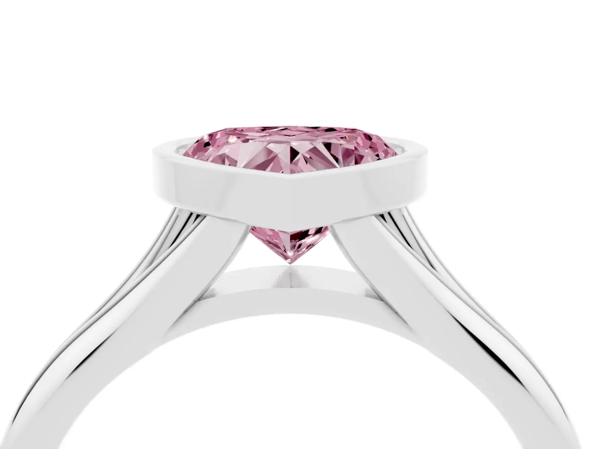 Fancy Pink Bezel Set Heart Cut Solitaire Diamond Ring with Smooth Band Platinum