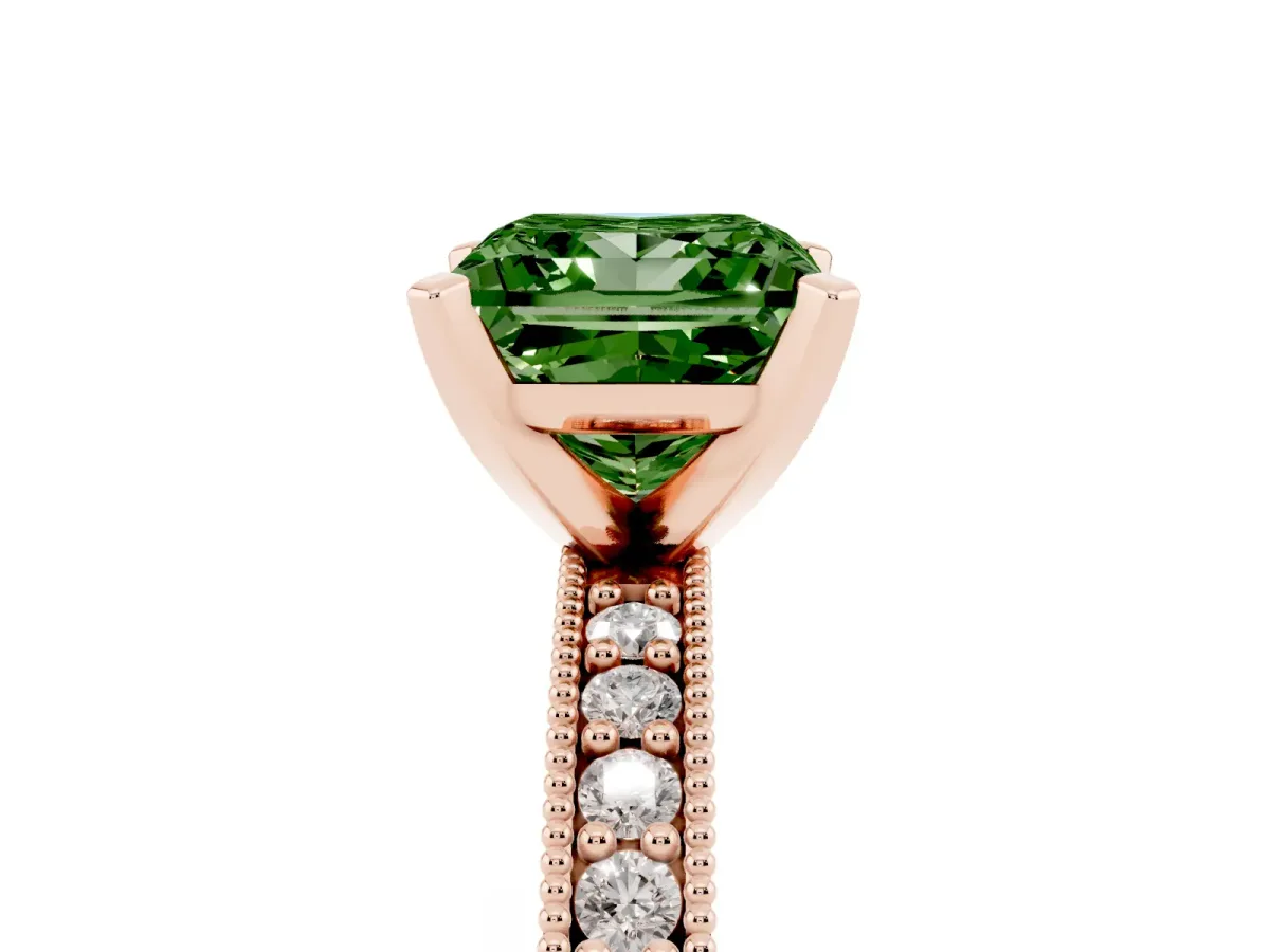Fancy Green Princess Cut Diamond Milgrain Pavé Engagement Ring with Four-Prong Setting Rose gold