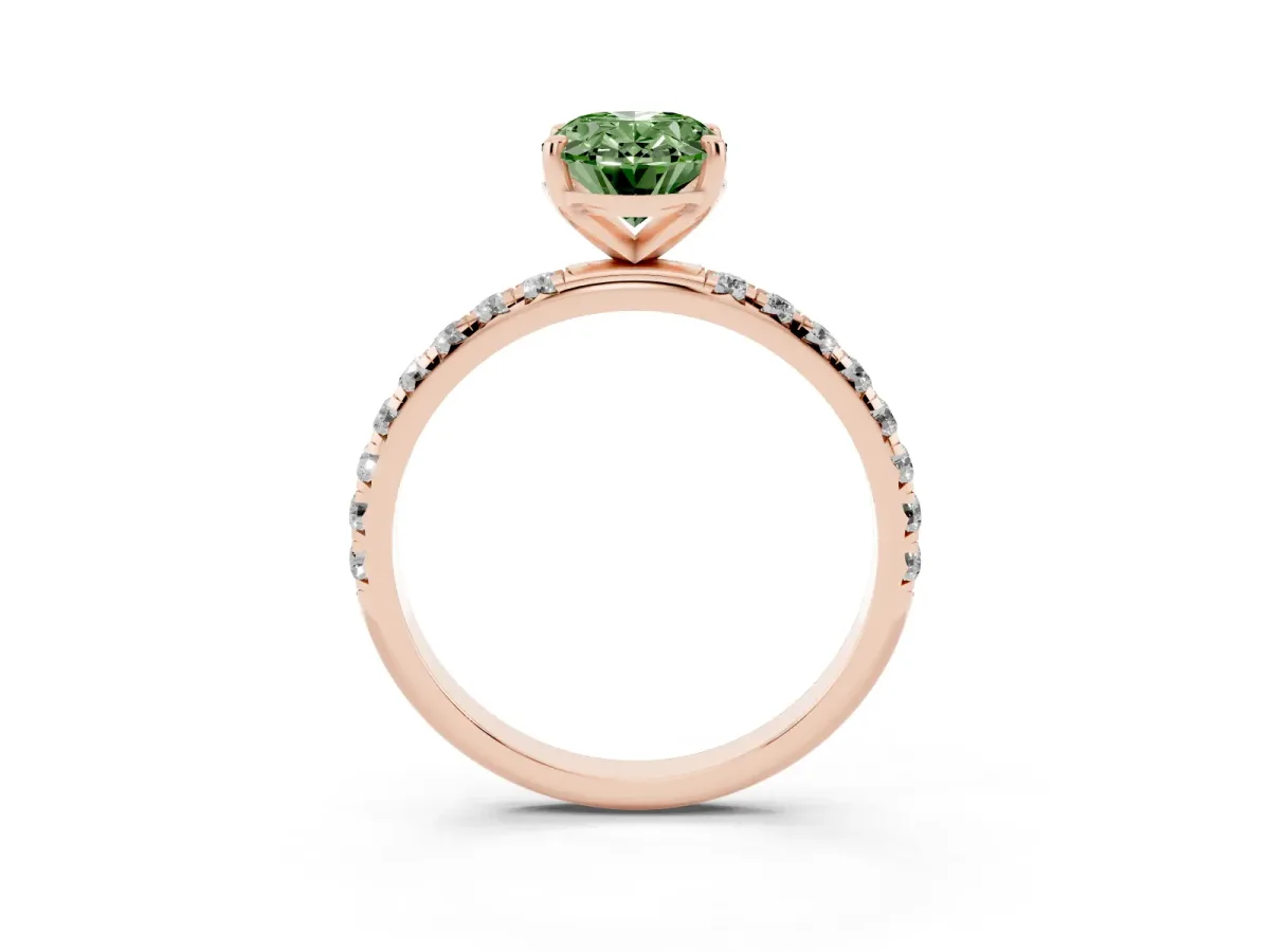 Fancy Green Oval Cut Cut Diamond Solitaire Ring with Micro Pave Band and Four Prong Setting Rose gold