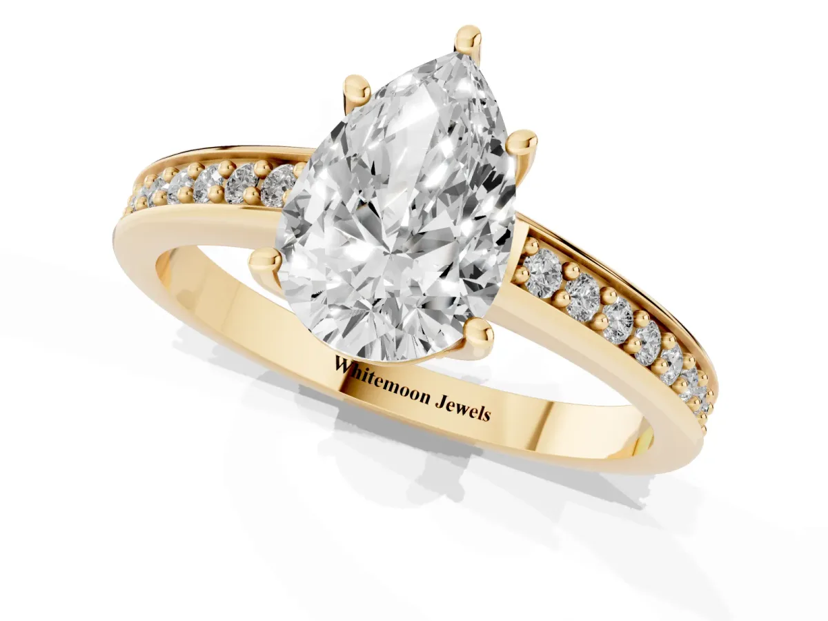 Pear Cut Solitaire Pavé Band Prong Setting Ring Yellow gold