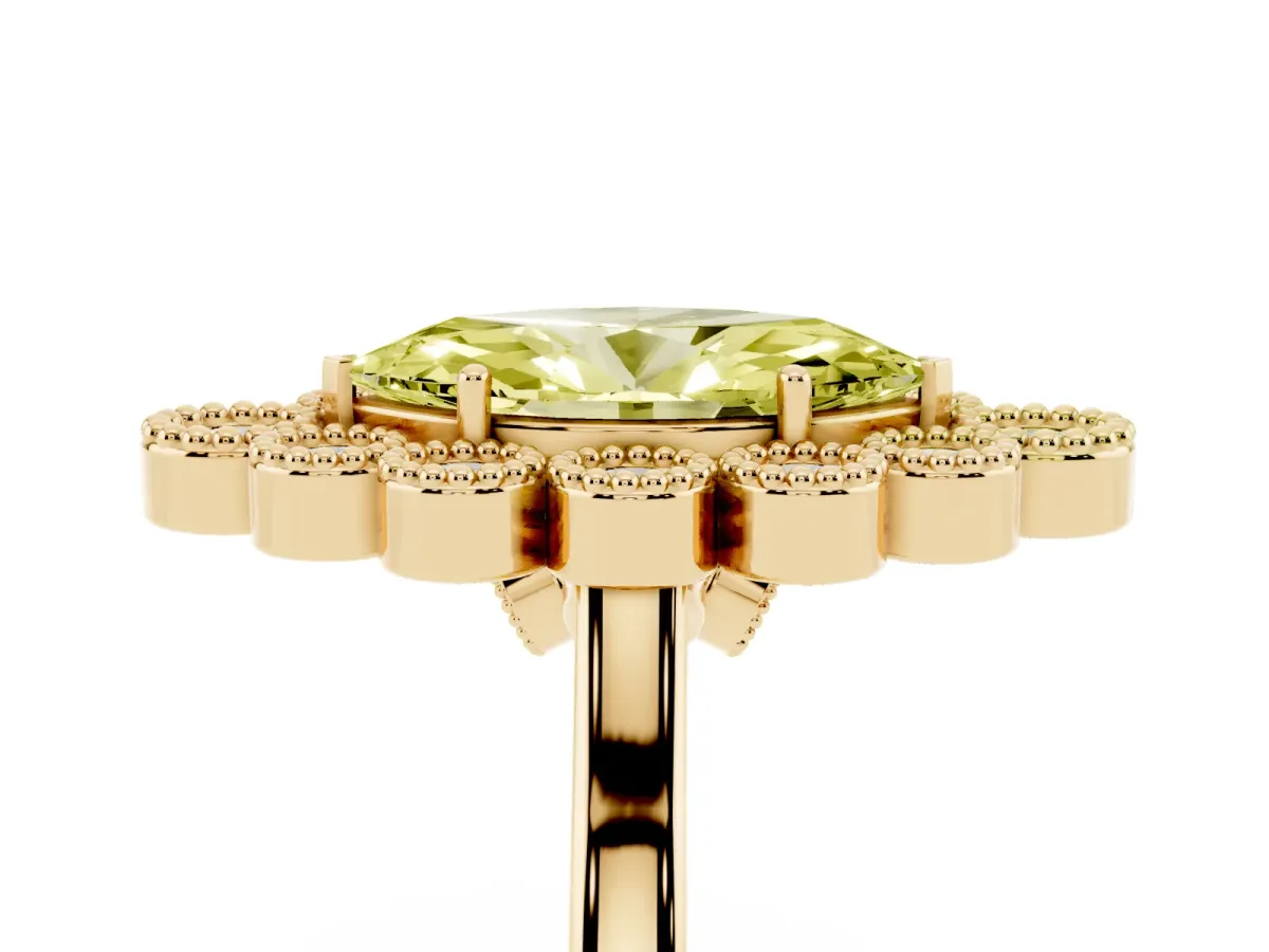 Fancy Yellow Marquise Cut Halo Diamond Cluster Engagement Ring with Milgrain Bezel Setting and Solitaire Band Yellow gold