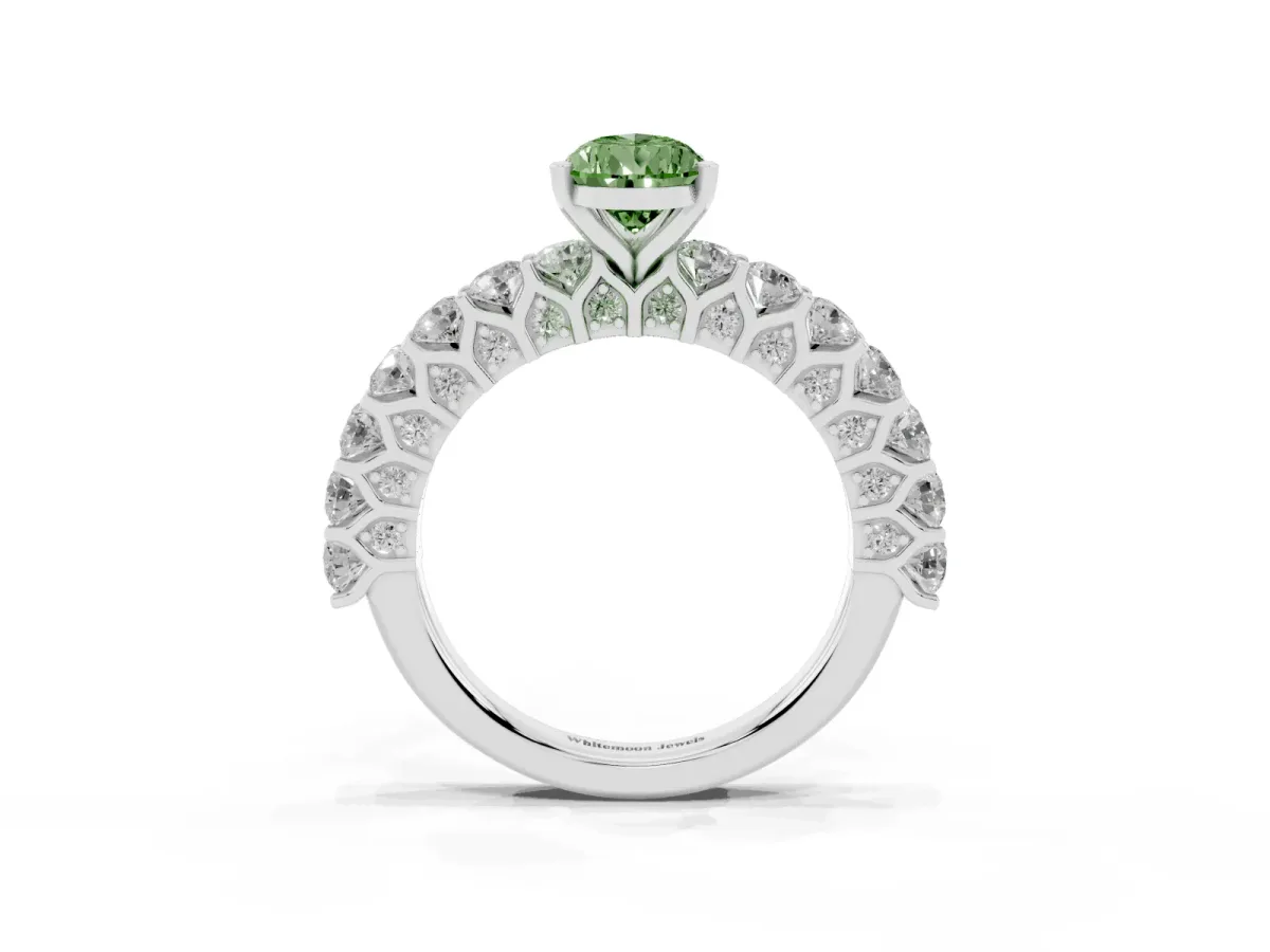 Fancy Green Pear Cut Diamond Solitaire Ring with Shared Prong Pavé Band and Four-Prong Setting Silver