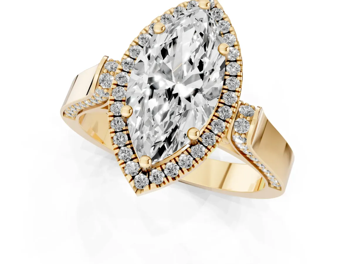 Marquise Cut Halo Round Diamond Twist Band with Four-Prong Setting Yellow gold