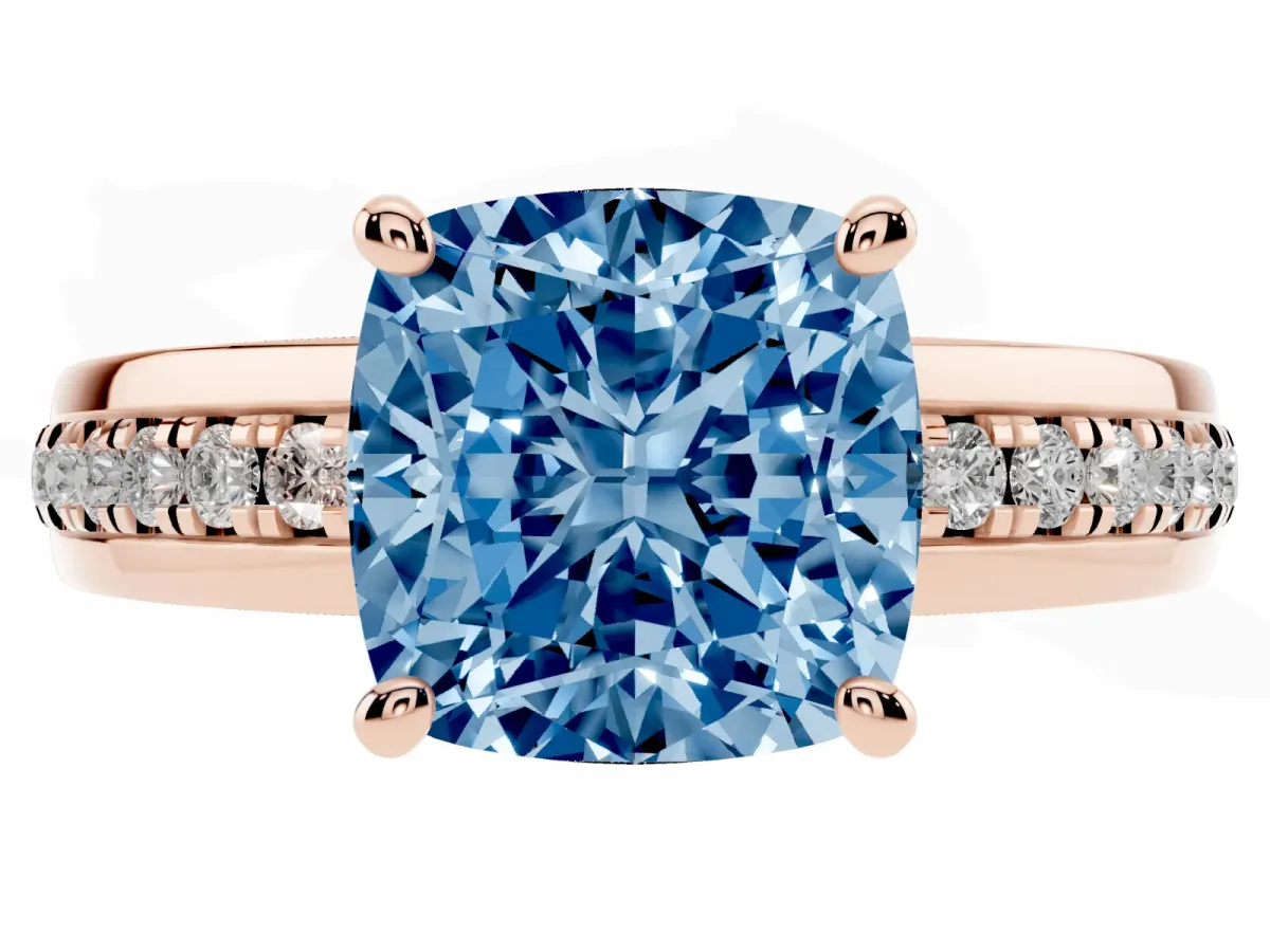Fancy Blue Cushion Cut Solitaire Diamond Ring with Channel Set Band and Six-Prong Setting Rose gold
