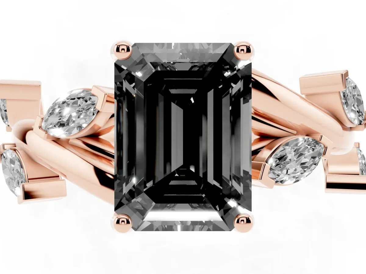 Fancy Black Emerald Cut Solitaire Twisted Band Marquise Accent Prong Setting Ring Rose gold