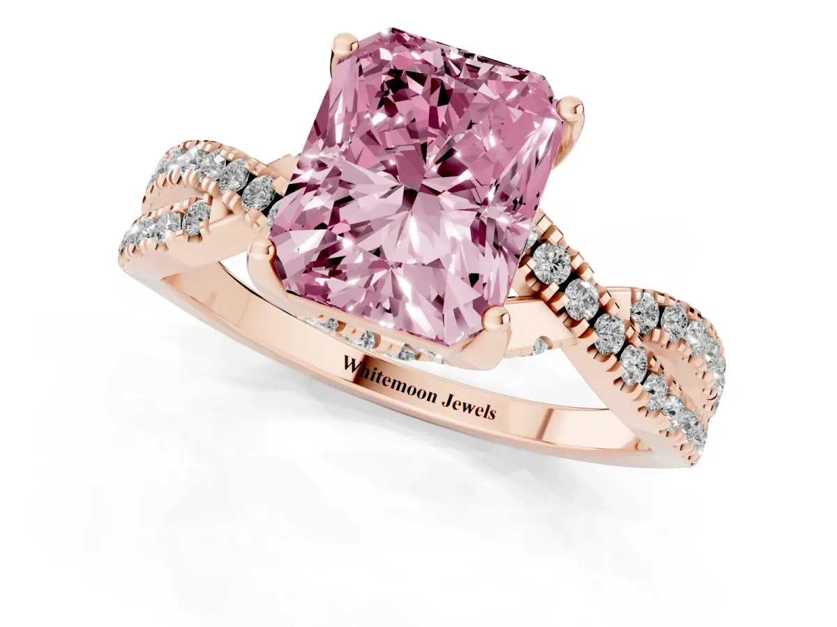 Fancy Pink Radiant Cut Solitaire Twist Pave Diamond Engagement Ring with Prong Setting Rose gold
