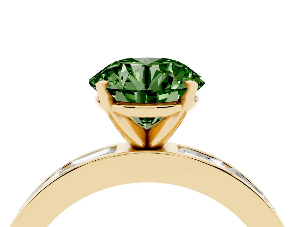 Fancy Green Round Cut Solitaire Diamond Ring with Channel-Set Baguette Band and Four-Prong Setting Yellow gold