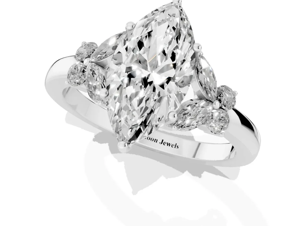 Marquise Cut Cut Solitaire Floral Diamond Ring with Four-Prong Setting Silver
