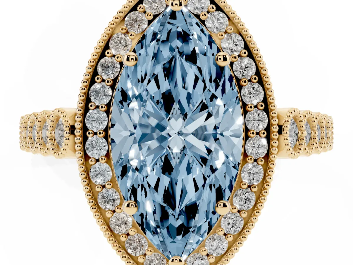 Fancy Blue Marquise Cut Halo Milgrain Solitaire with Bezel Set Side Stones and Pave Band Yellow gold