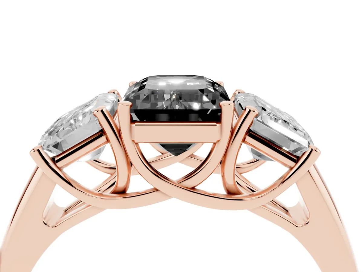 Fancy Black Three-Stone Emerald Cut Diamond Engagement Ring with Prong Setting Rose gold