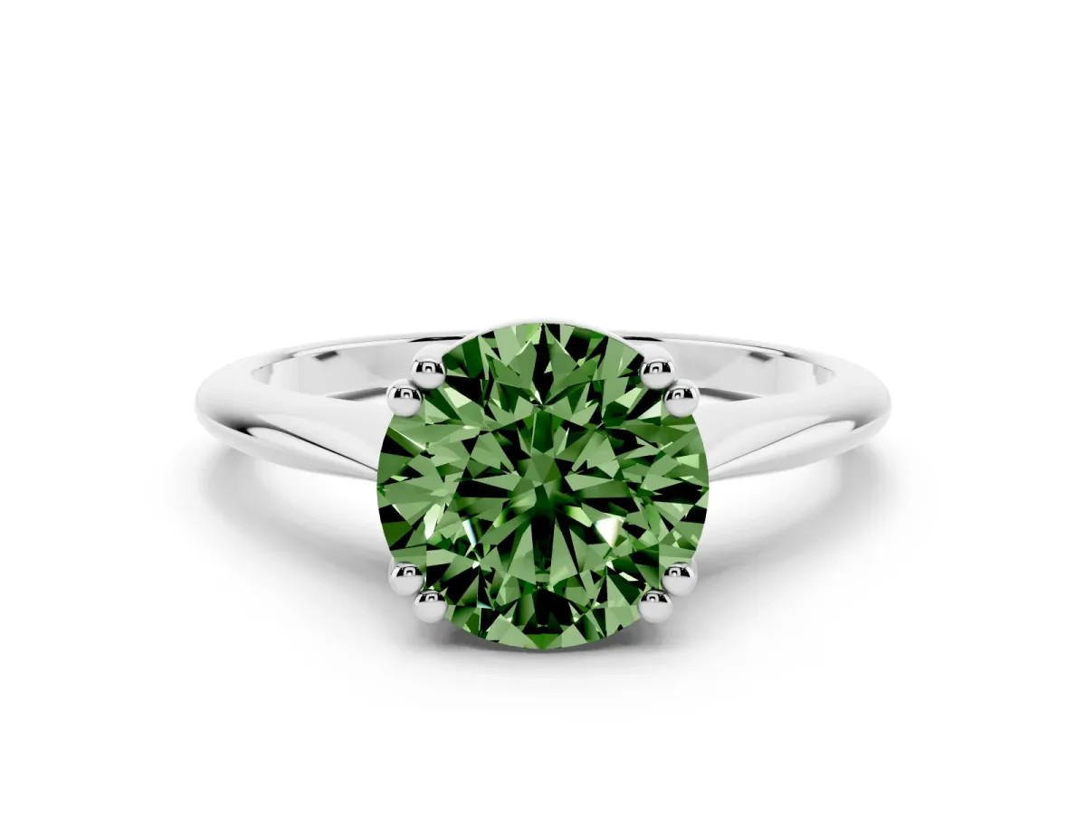 Fancy Green Round Cut Solitaire Diamond Ring with Six-Prong Setting and Classic Band Silver