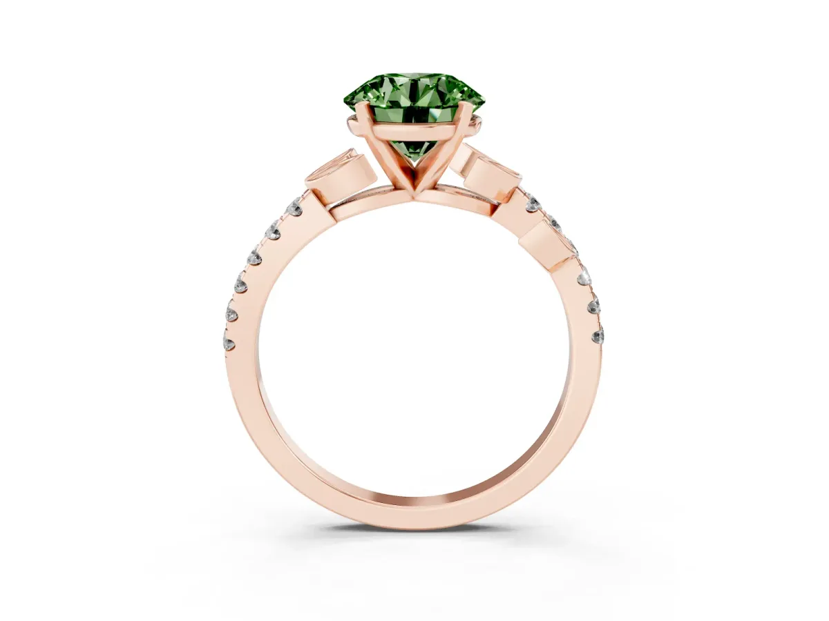 Fancy Green Round Cut Solitaire Leaf-Inspired Diamond Ring with Pavé Band and Four-Prong Setting Rose gold