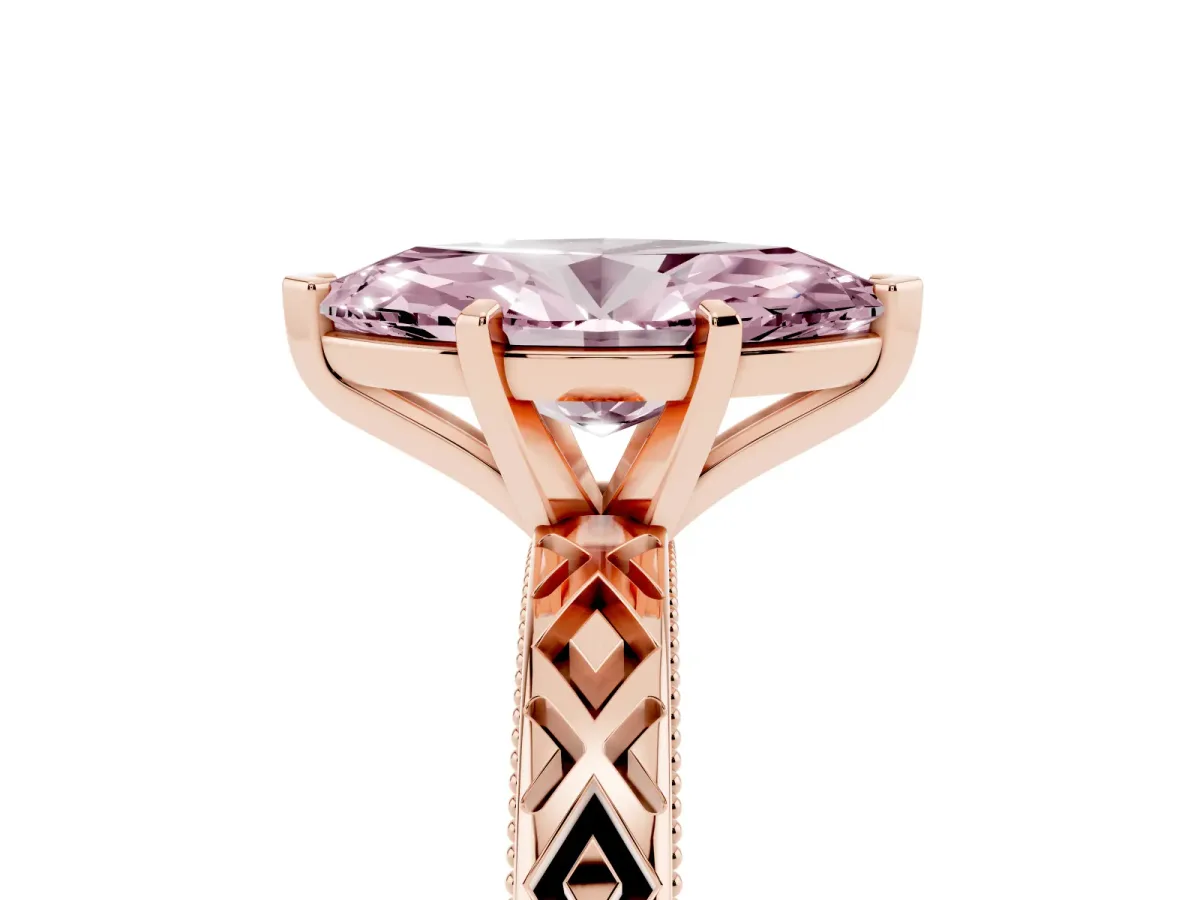 Fancy Pink Marquise Cut Solitaire Diamond Ring with Milgrain and Black Enamel X Pattern Band Rose gold