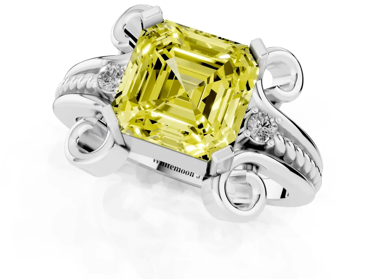 Fancy Yellow Asscher Cut Solitaire Twisted Band Scroll Prong Ring Platinum