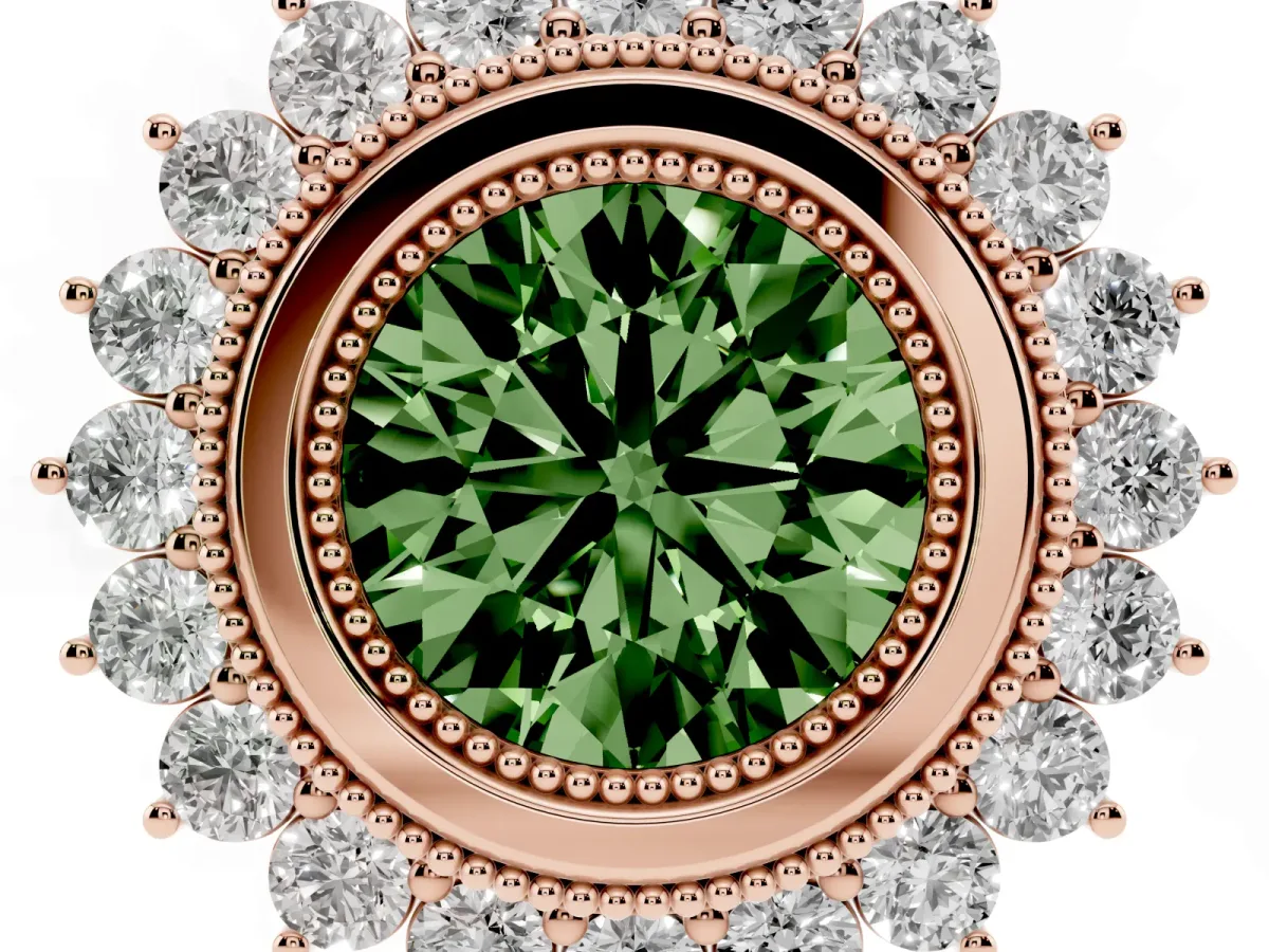 Fancy Green Round Cut Halo Diamond Ring with Milgrain Edge and Round Prong Setting Rose gold