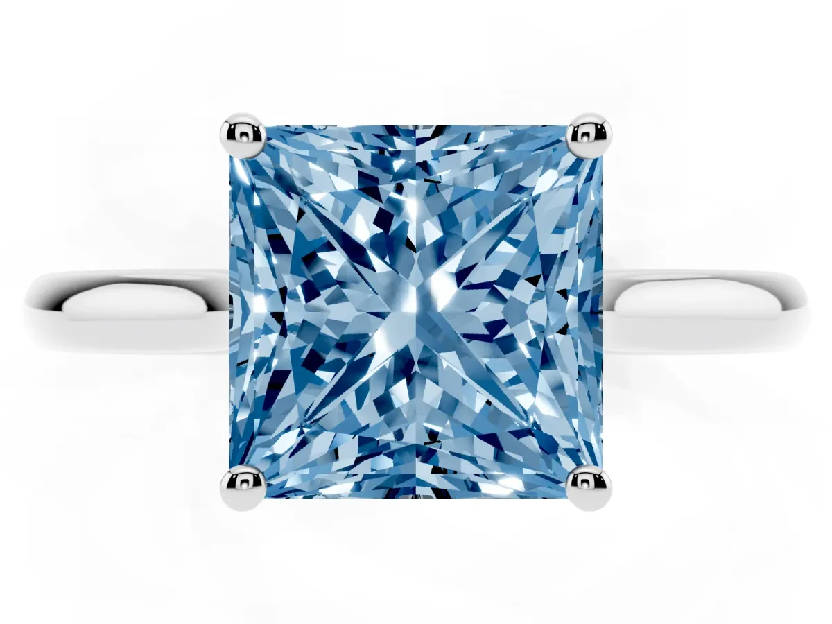Fancy Blue Princess Cut Cut Solitaire Ring with Cathedral Band and Four-Prong Setting Silver
