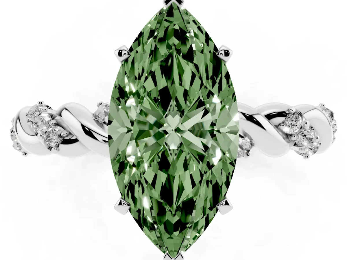 Fancy Green Marquise Cut Diamond Solitaire Ring with Twisted Band and Pavé Accents Silver
