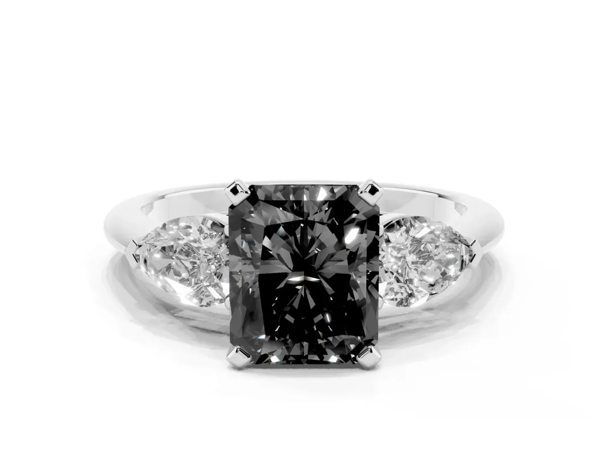 Fancy Black Three-Stone Radiant Cut Diamond Ring with Pear Side Stones and Four-Prong Setting Silver