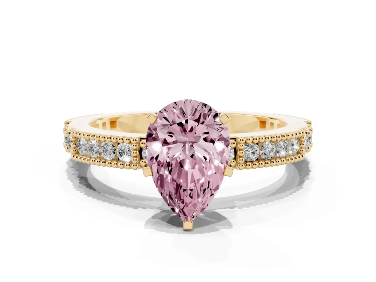Fancy Pink Pear Cut Solitaire with Pavé Band and Four-Prong Setting Yellow gold