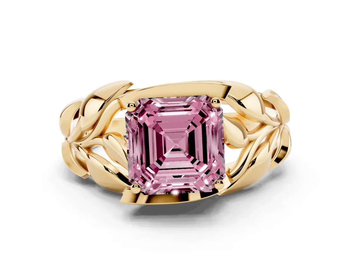 Fancy Pink Asscher Cut Diamond Leaf-Inspired Engagement Ring with Round Accents and Prong Setting Yellow gold