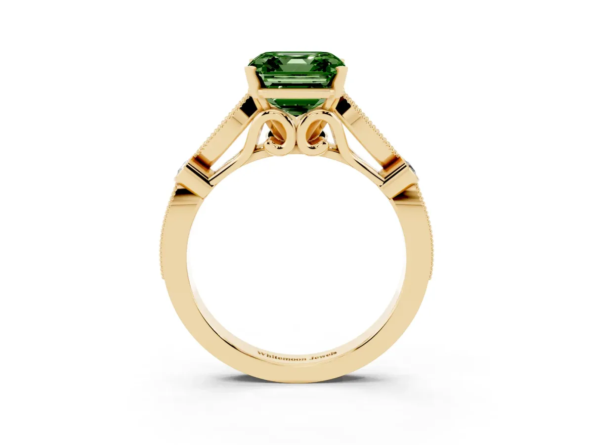 Fancy Green Asscher Cut Cut Diamond with Milgrain Marquise and Bezel Accents on a Solitaire Band with Prong Setting Yellow gold