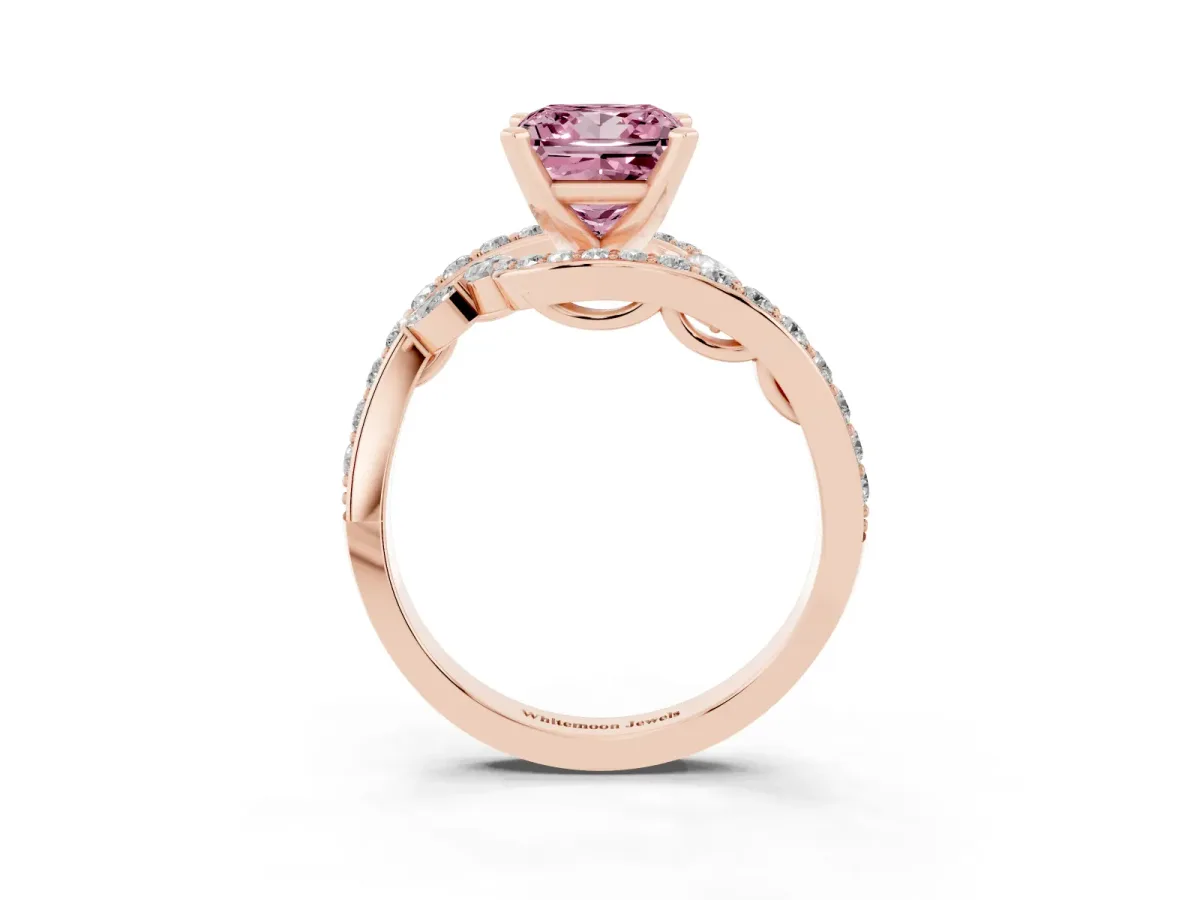 Fancy Pink Princess Cut Solitaire with Pavé Twist Band and Four-Prong Setting Rose gold