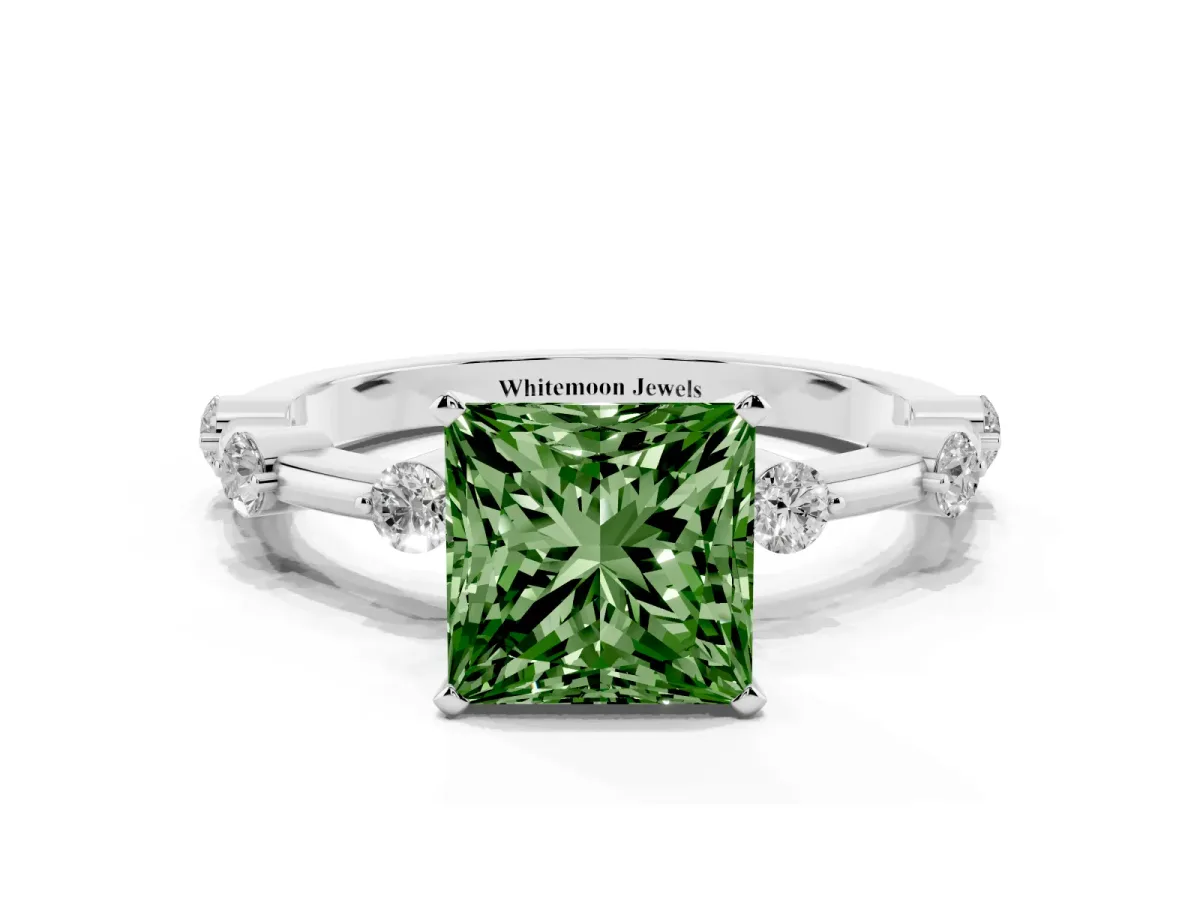 Fancy Green Princess Cut Solitaire Diamond Ring with Bezel Set Side Stones and Prong Setting Silver