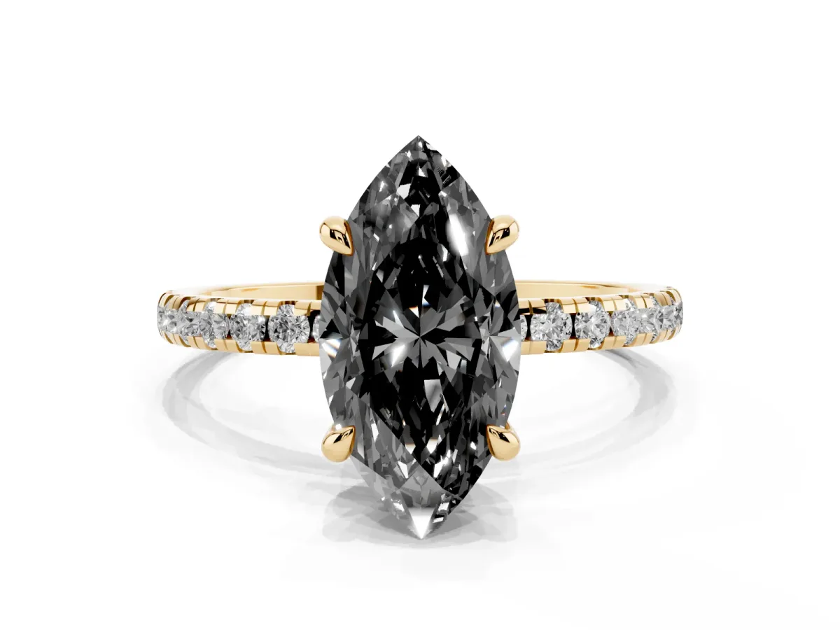 Fancy Black Marquise Cut Diamond Brilliant Solitaire Ring with Pavé Band and Four-Prong Setting Yellow gold