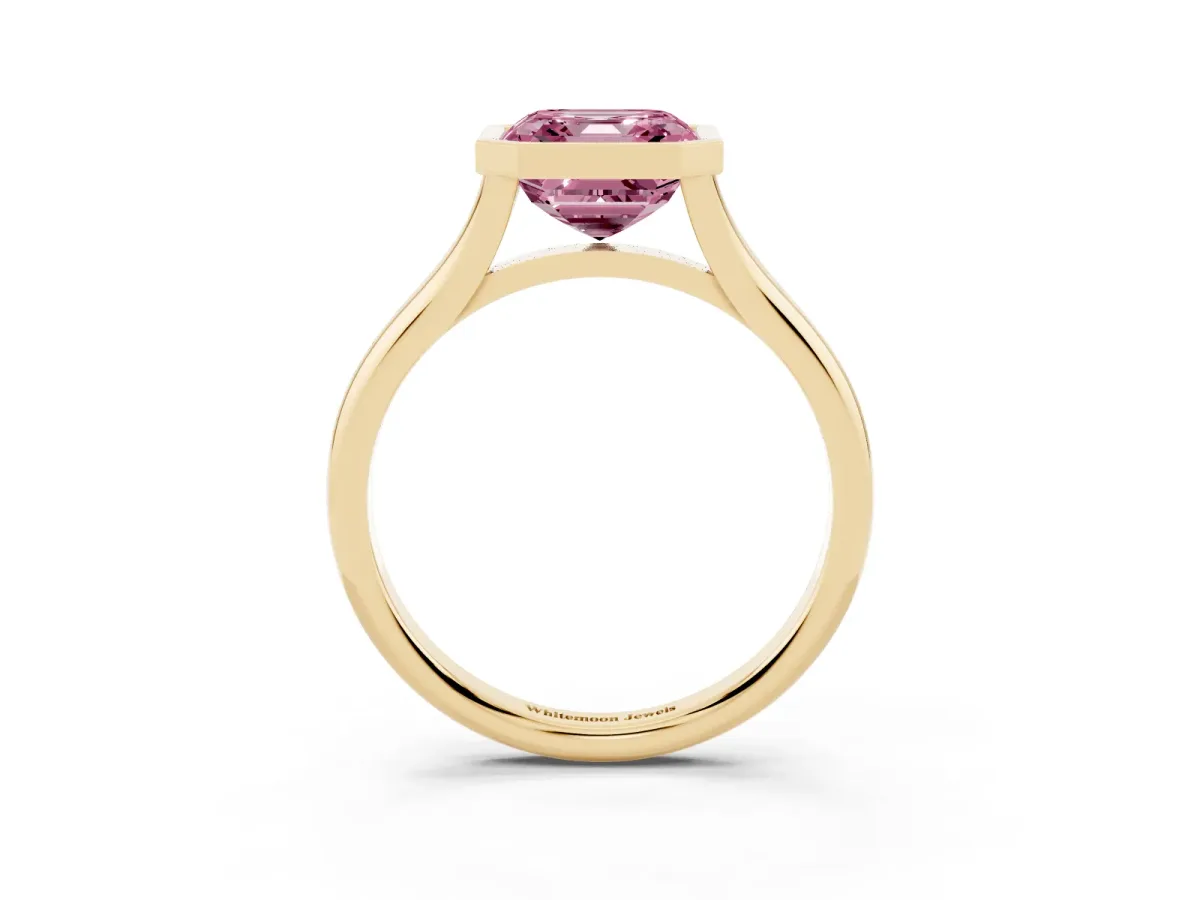 Fancy Pink Bezel Set Asscher Cut Cut Solitaire Ring with Tapered Band Yellow gold