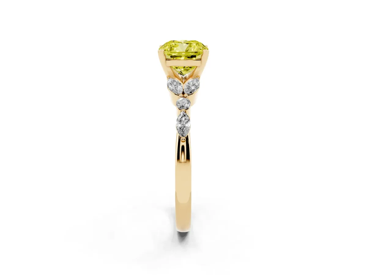 Fancy Yellow Cushion Cut Diamond Solitaire Ring with Side Stones and Four-Prong Setting Yellow gold