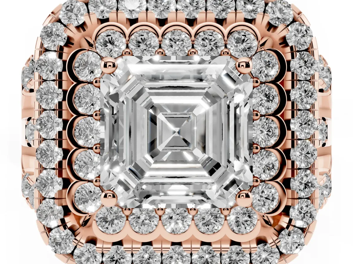 Asscher Cut Diamond Double Halo Ring with Round Pavé Split Shank and Prong Setting Rose gold